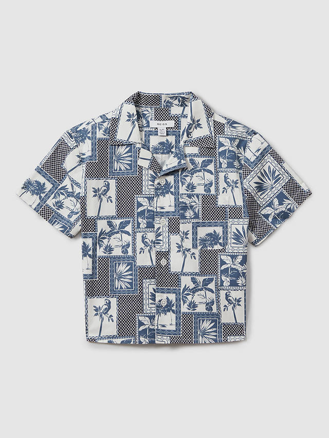 Reiss Kids' Basin Parrot & Palm Tile Print Cuban Short Sleeve Shirt, Airforce Blue