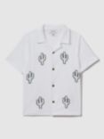 Reiss Kids' Aurora Embroidered Cactus Cuban Shirt, White/Black