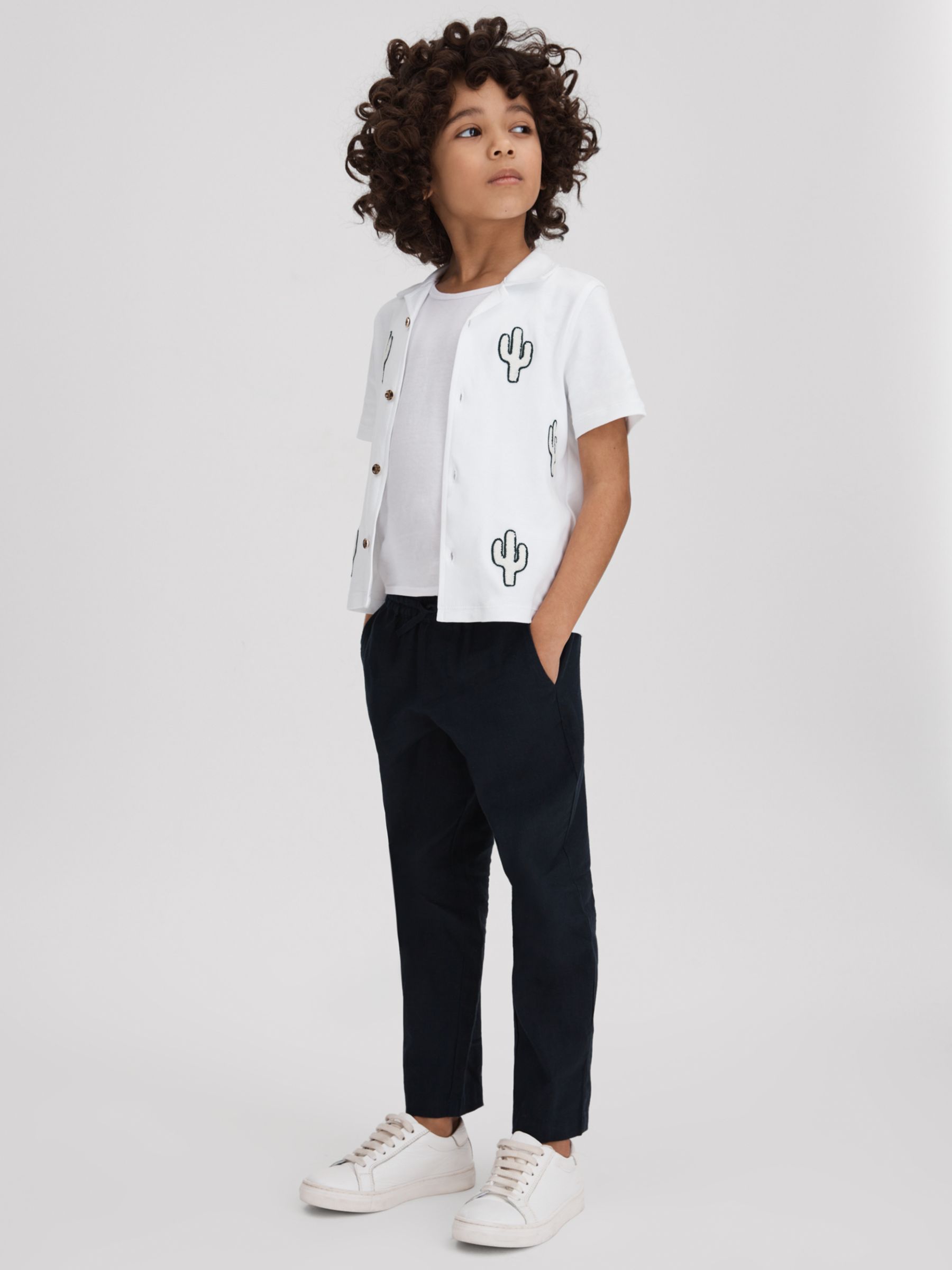 Reiss Kids' Aurora Embroidered Cactus Cuban Shirt, White/Black, 3-4 years