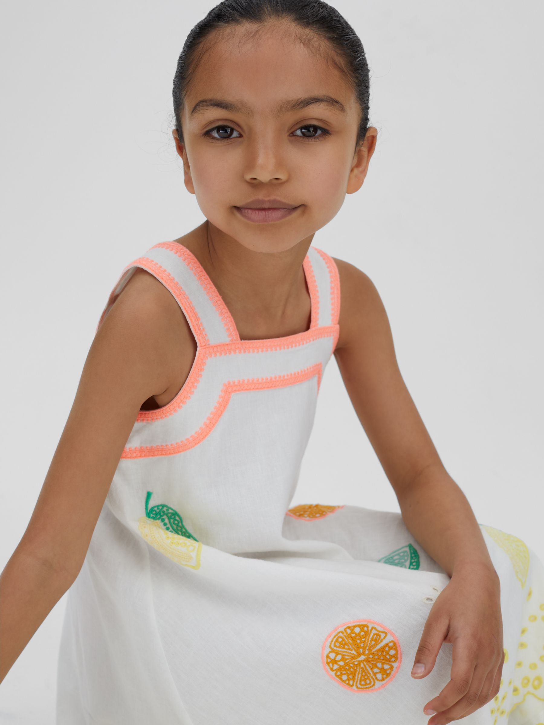 Reiss Kids' Arabella Citrus Embroidery Linen Blend Dress, Ivory/Multi, 4-5 years