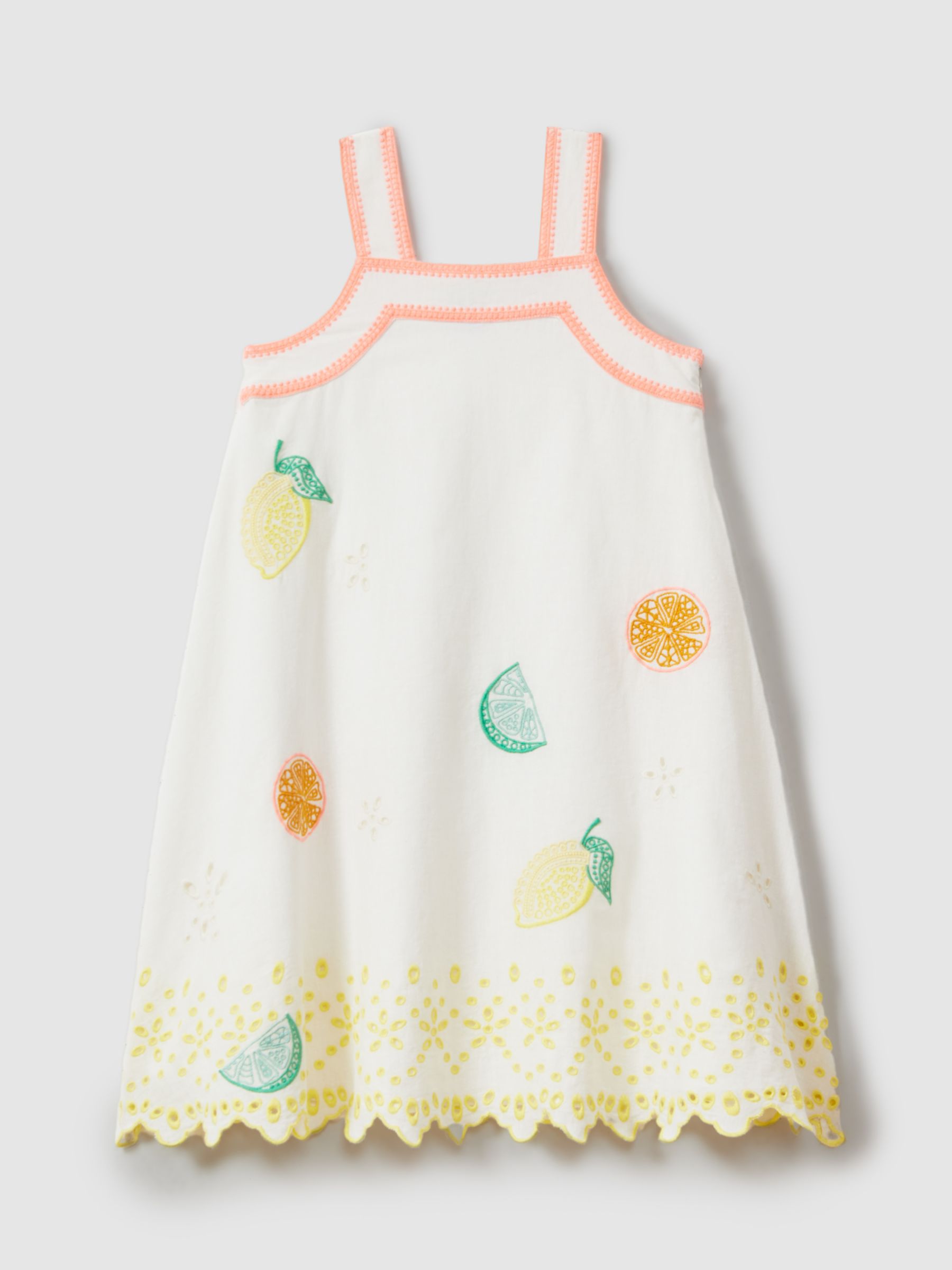 Reiss Kids' Arabella Citrus Embroidery Linen Blend Dress, Ivory/Multi, 4-5 years