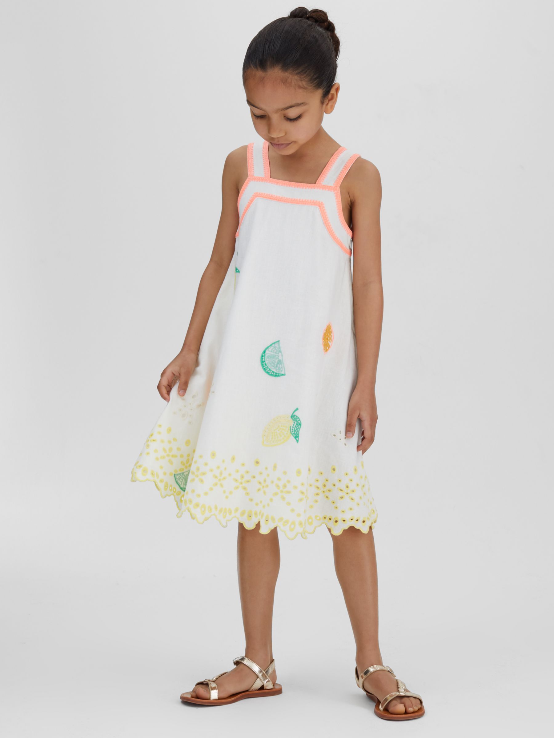 Reiss Kids' Arabella Citrus Embroidery Linen Blend Dress, Ivory/Multi, 4-5 years