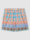 Reiss Kids' Arizona Floral Tile Print Swim Shorts, Orange/Multi