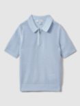 Reiss Kids' Burnham Half Zip Textured Polo Shirt, Soft Blue
