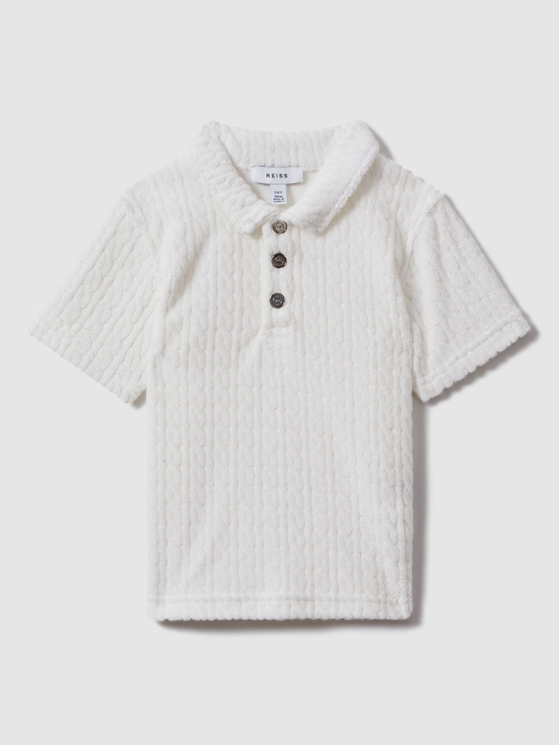 Reiss Kids' Iggy Press Stud Velour Polo Shirt, White, 3-4 years