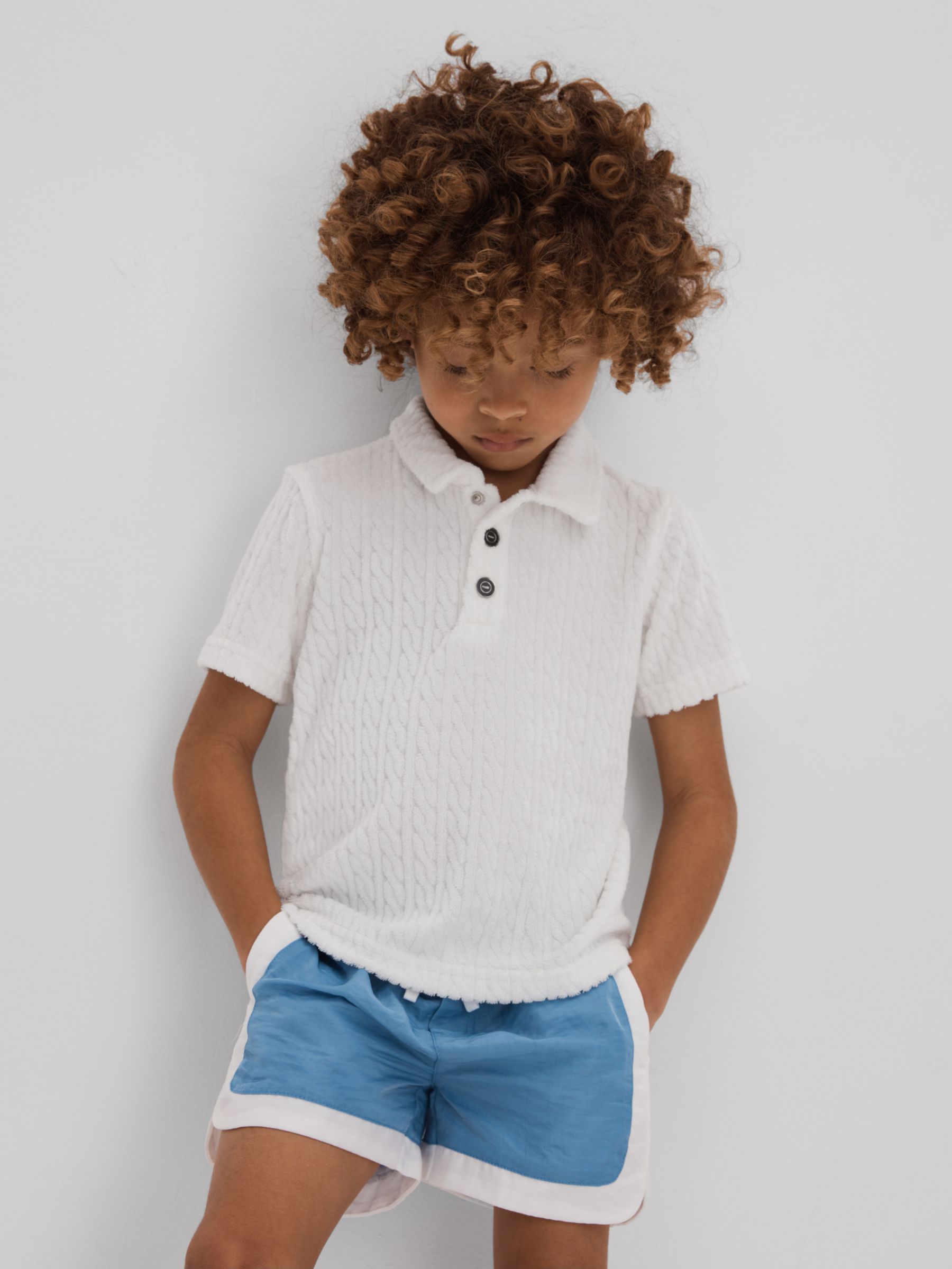 Reiss Kids' Iggy Press Stud Velour Polo Shirt, White, 3-4 years