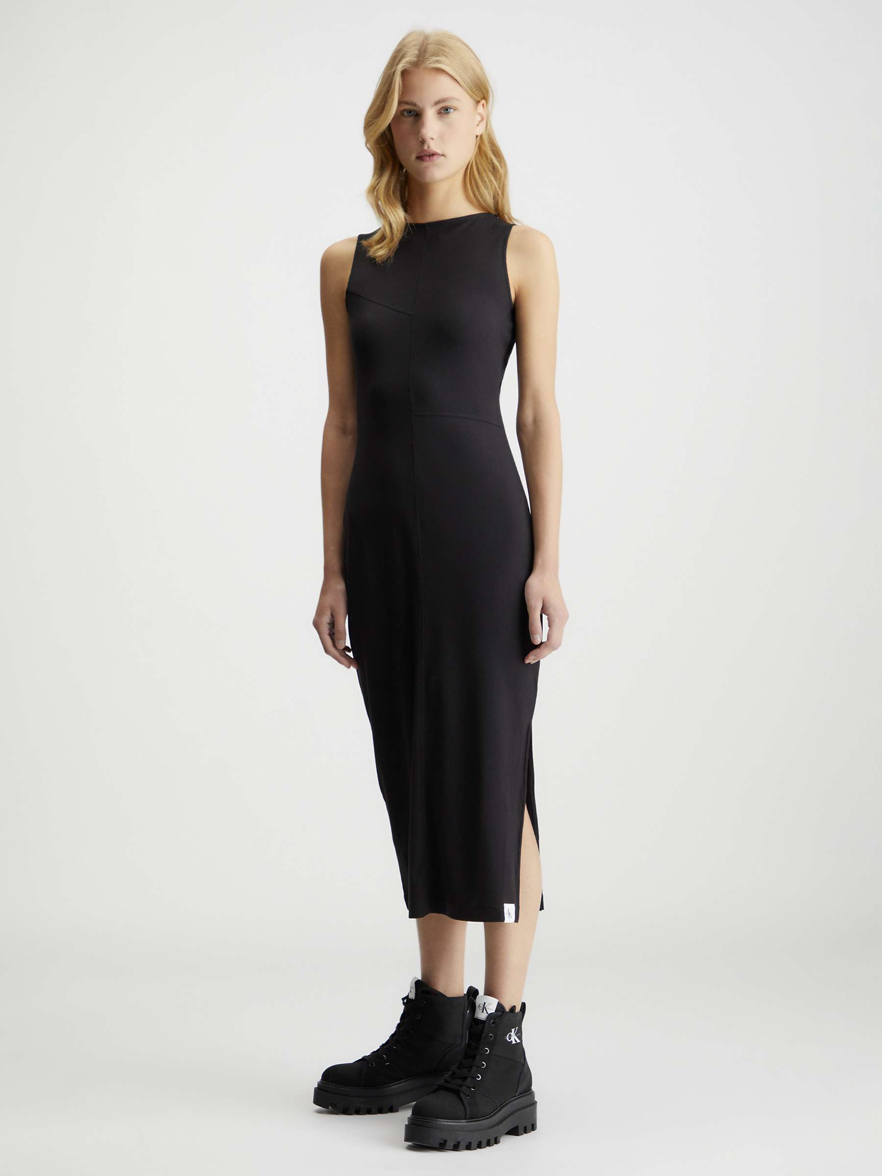Buy Calvin Klein Ribbed Cotton Blend Midi Dress, Ck Black Online at johnlewis.com