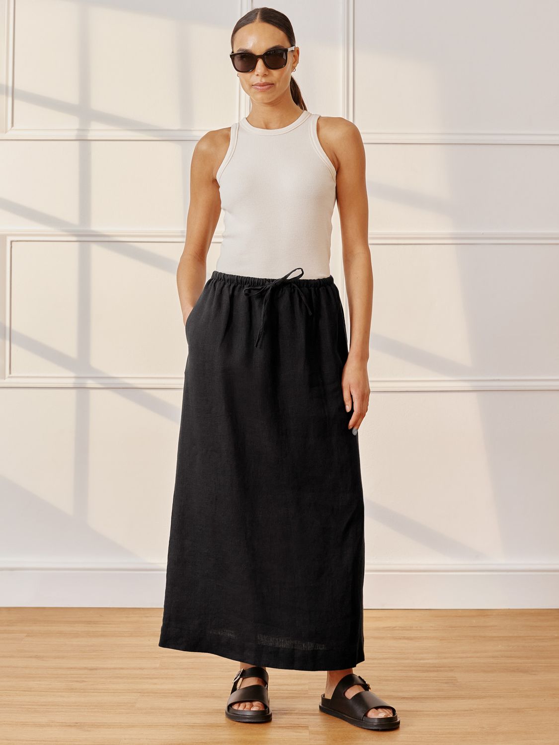 Albaray Linen A-Line Maxi Skirt, Black, 8