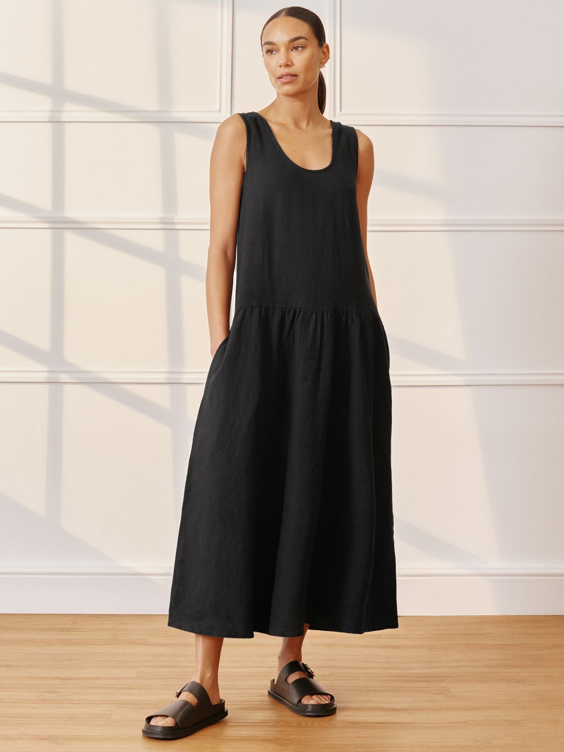 Albaray Linen Drop Waist Midi Dress, Black, 8