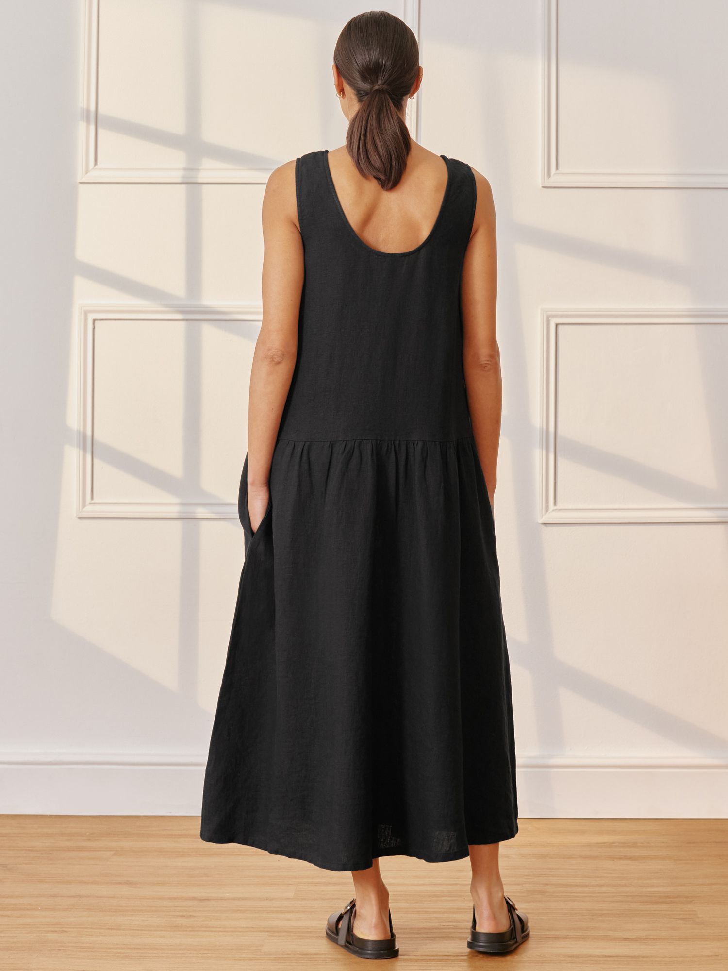 Albaray Linen Drop Waist Midi Dress, Black, 8