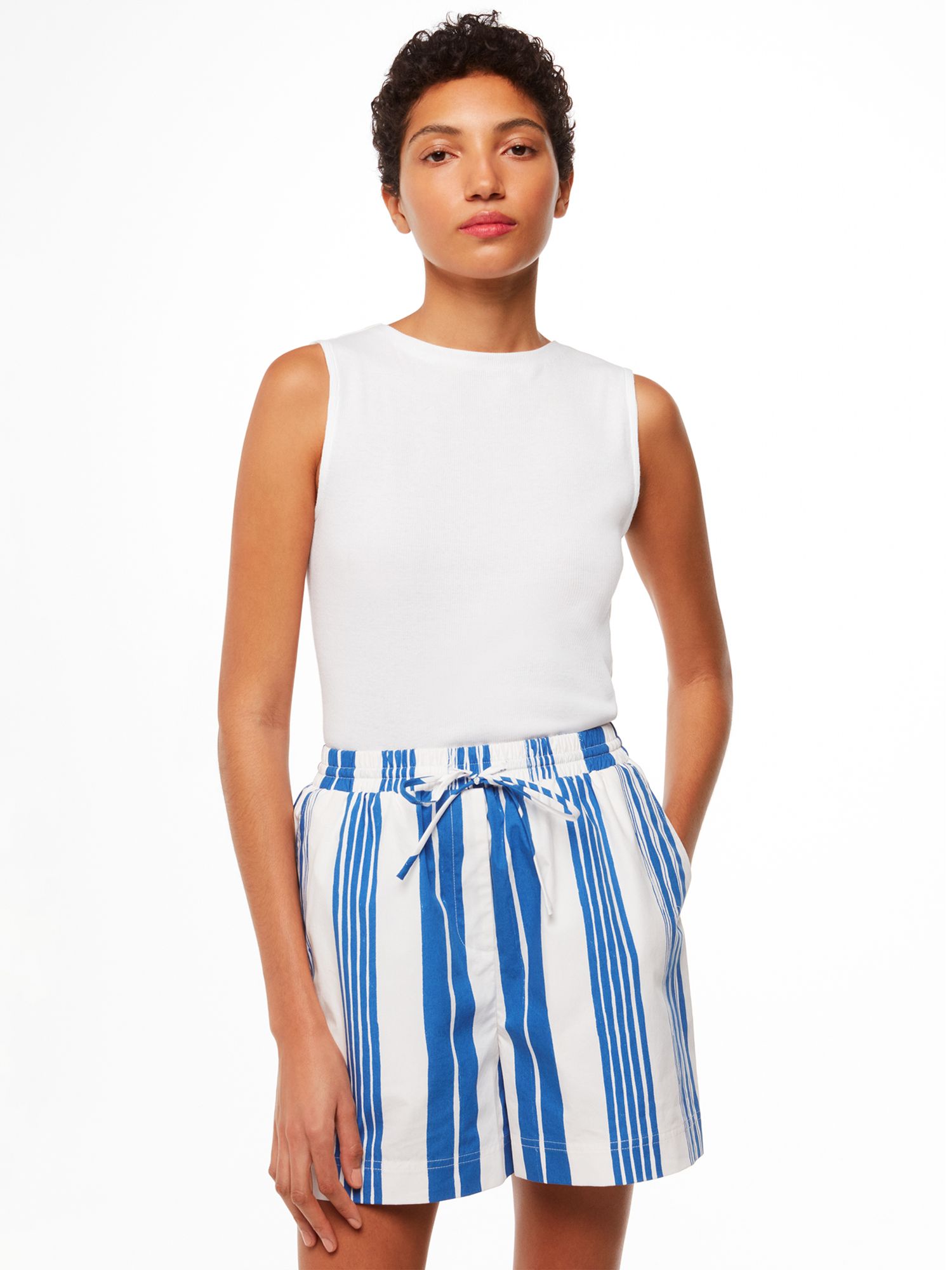 Whistles Painted Stripe Cotton Shorts, White/Blue, 6