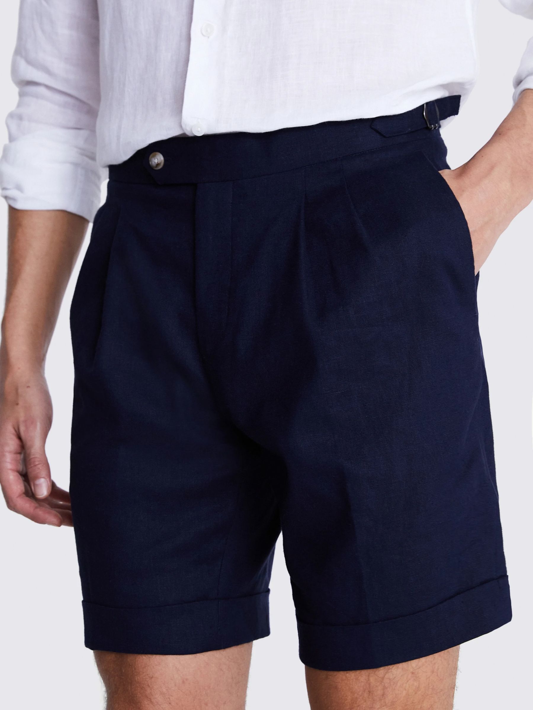 Moss Matte Linen Blend Side Adjustable Shorts, Navy, XS