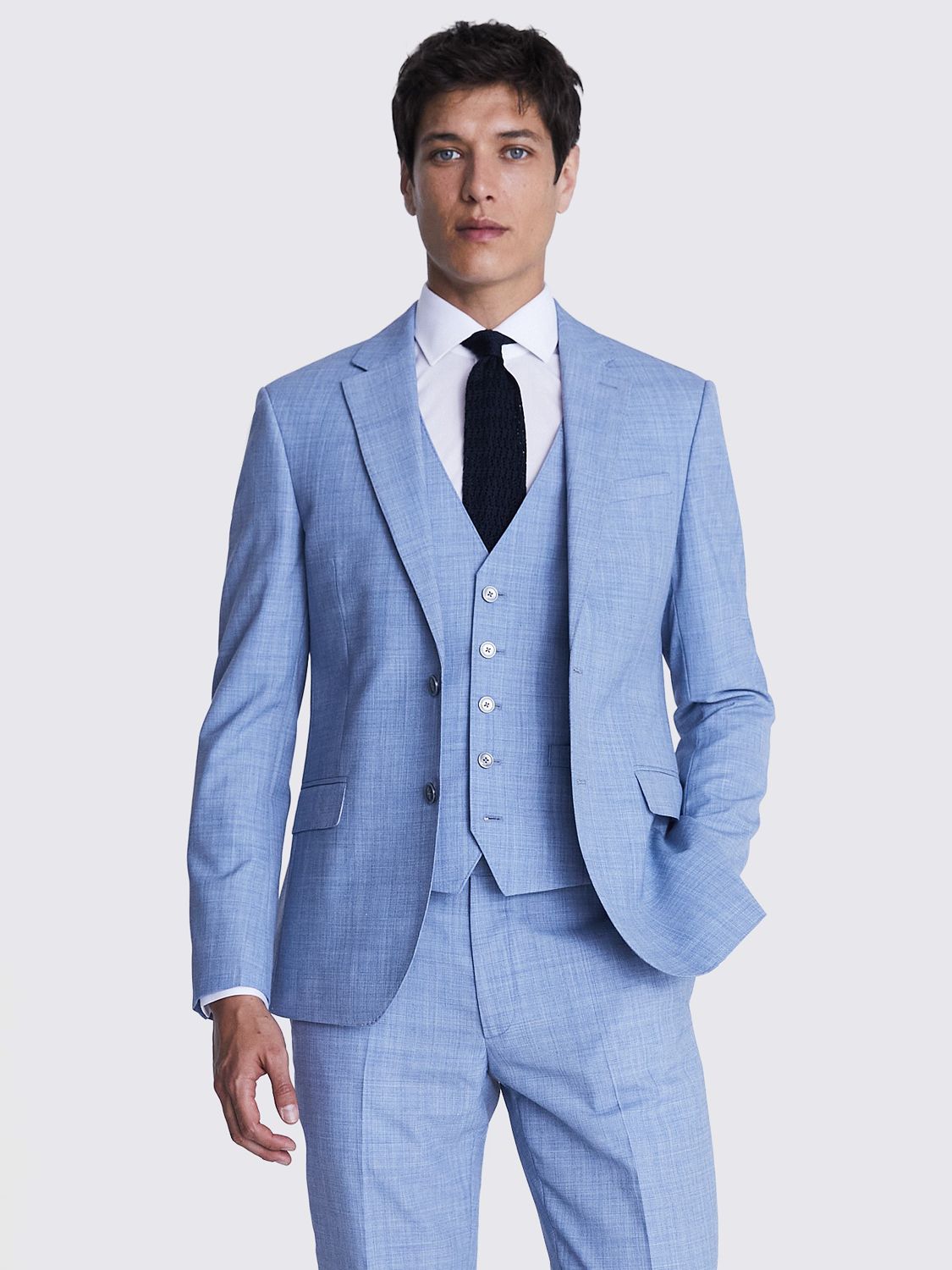 Men's Blue Suit, White Print Long Sleeve Shirt, Tan Leather Brogue