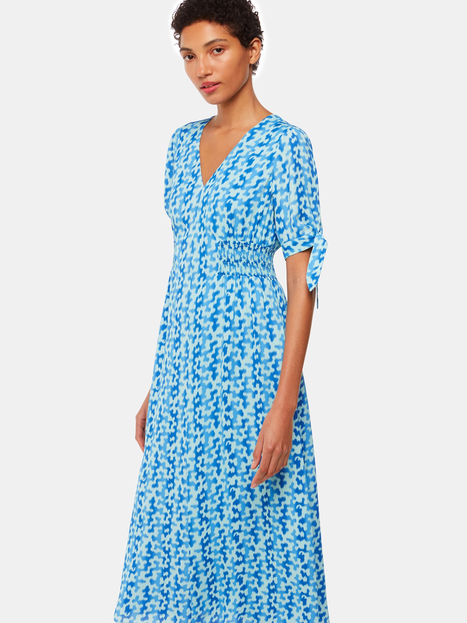 Whistles Hazy Coral Print Midi Dress, Blue/Multi