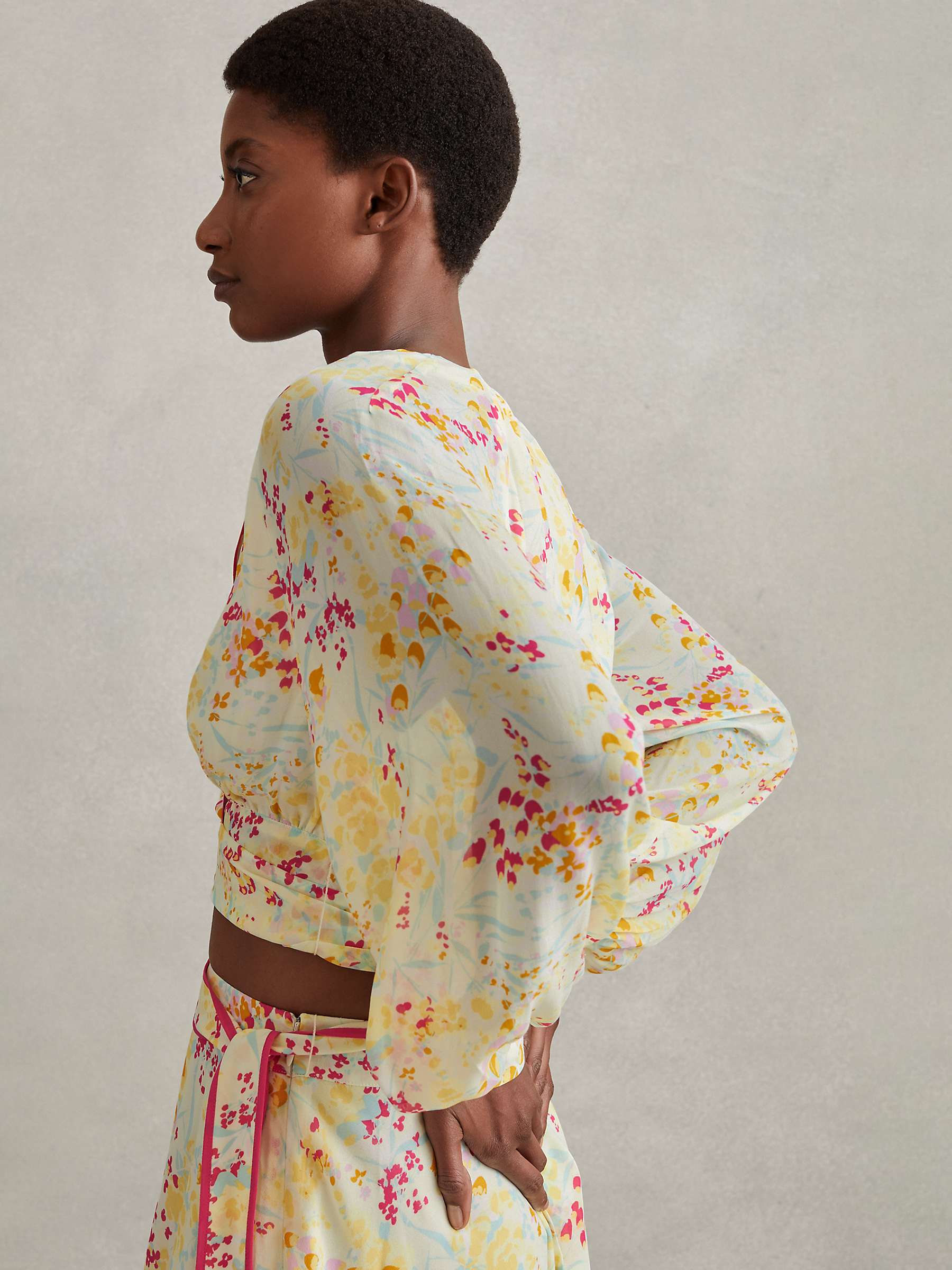 Buy Reiss Lyla Floral Print Tie Waist Cropped Blouse, Yellow/Multi Online at johnlewis.com