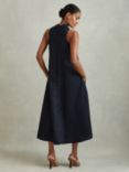 Reiss Cosette Linen Blend Draped Midi Dress, Navy