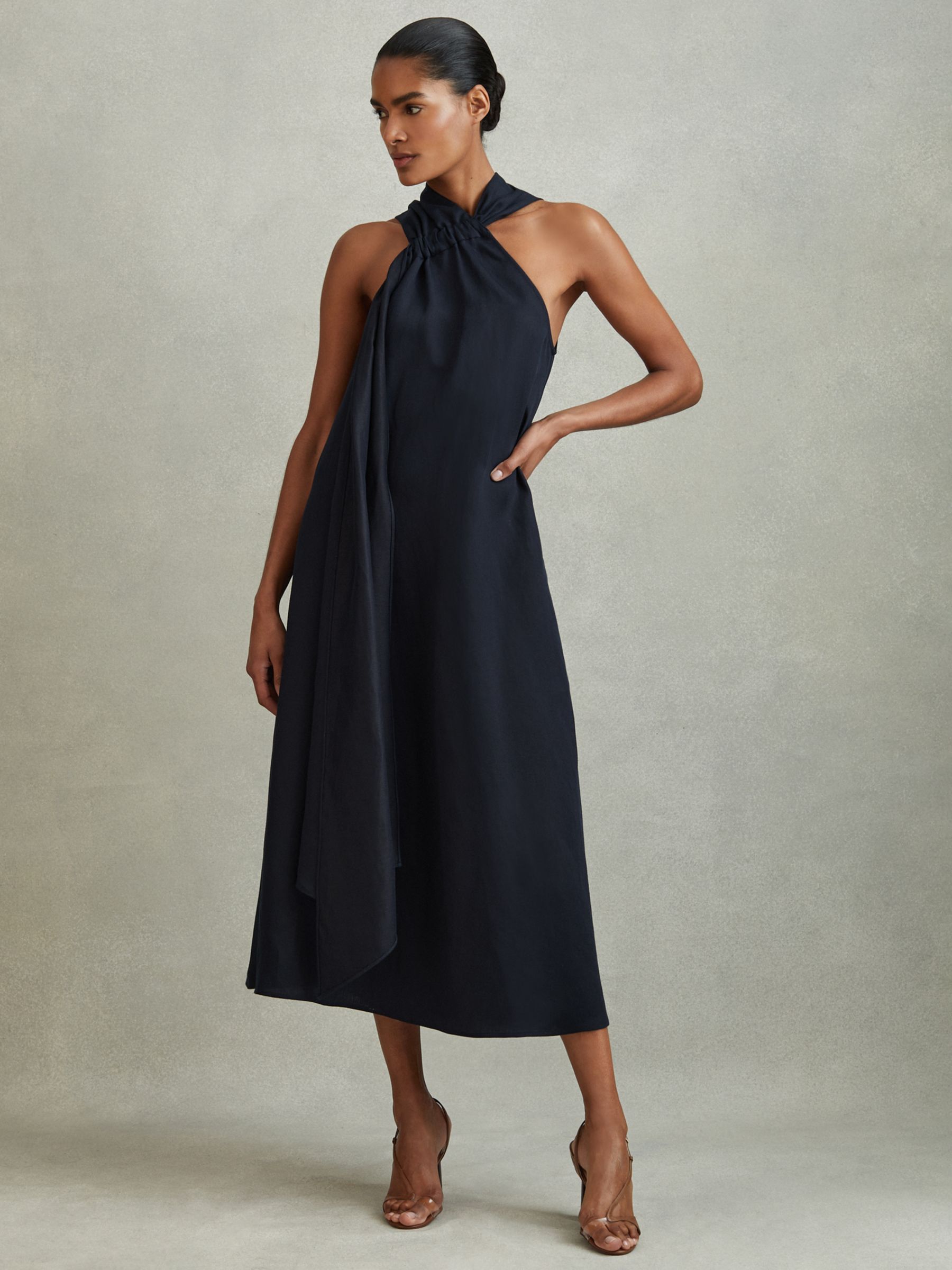 Buy Reiss Cosette Linen Blend Draped Midi Dress, Navy Online at johnlewis.com