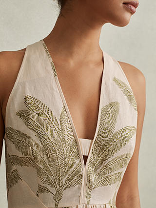 Reiss Anna Palm Print Linen Midi Dress, Neutral/Green