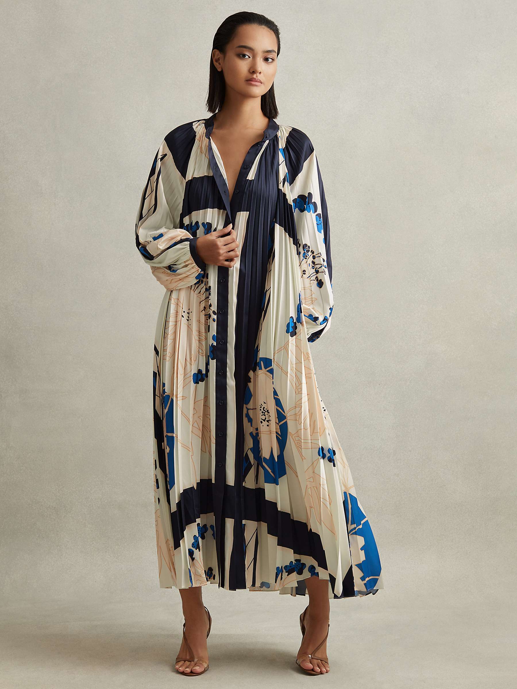 Buy Reiss Daiya Placement Print Pleated Maxi Dress, Blue/Multi Online at johnlewis.com