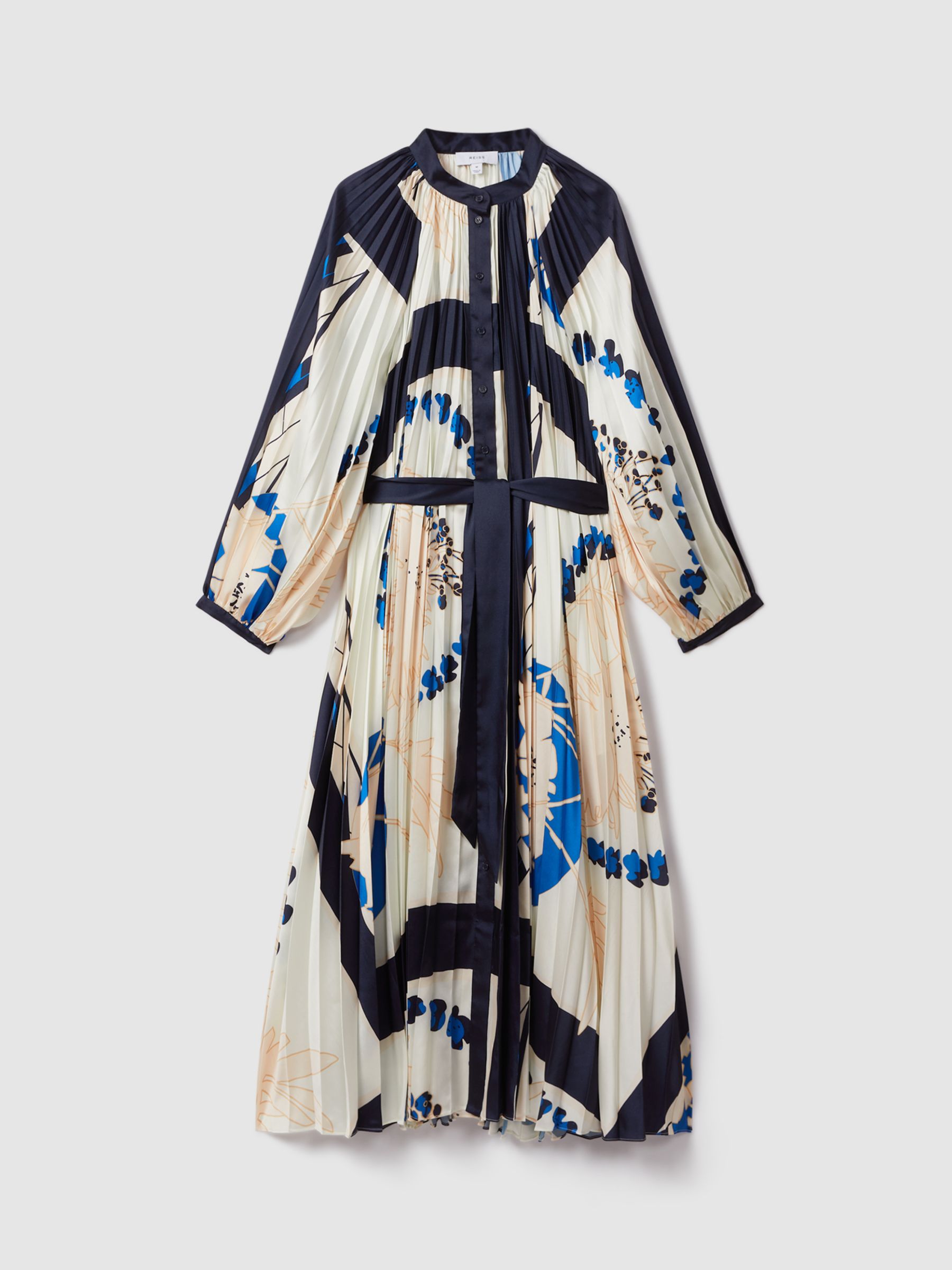 Reiss Daiya Placement Print Pleated Maxi Dress, Blue/Multi, S