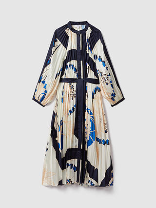 Reiss Daiya Placement Print Pleated Maxi Dress, Blue/Multi