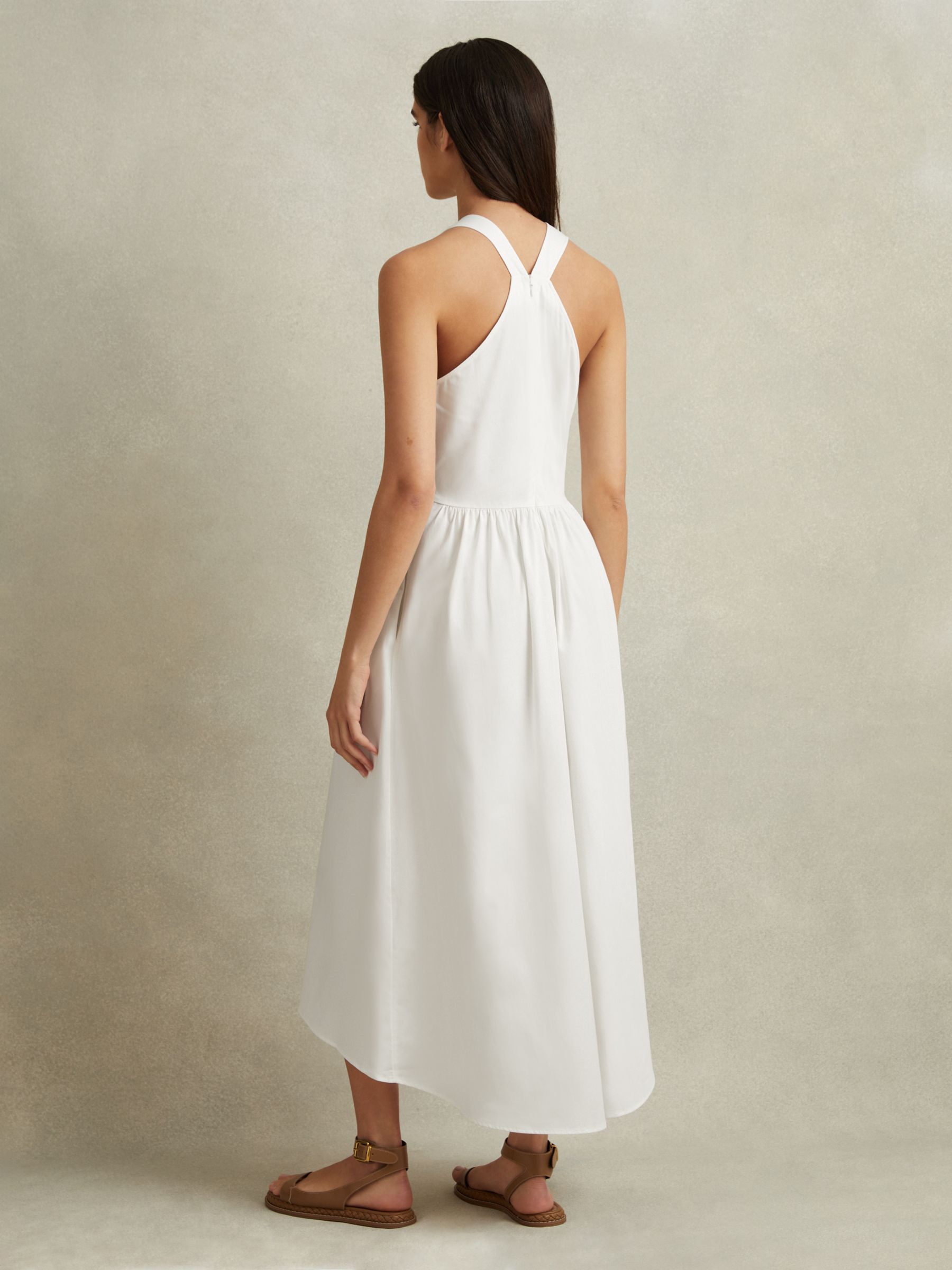 Reiss Yana Cotton Blend High-Low Hem Midi Dress, White, 6