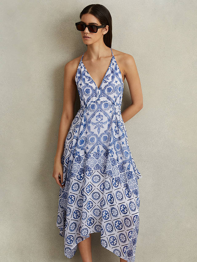 Reiss Tiller Tile Print Halterneck Midi Dress, Blue/White