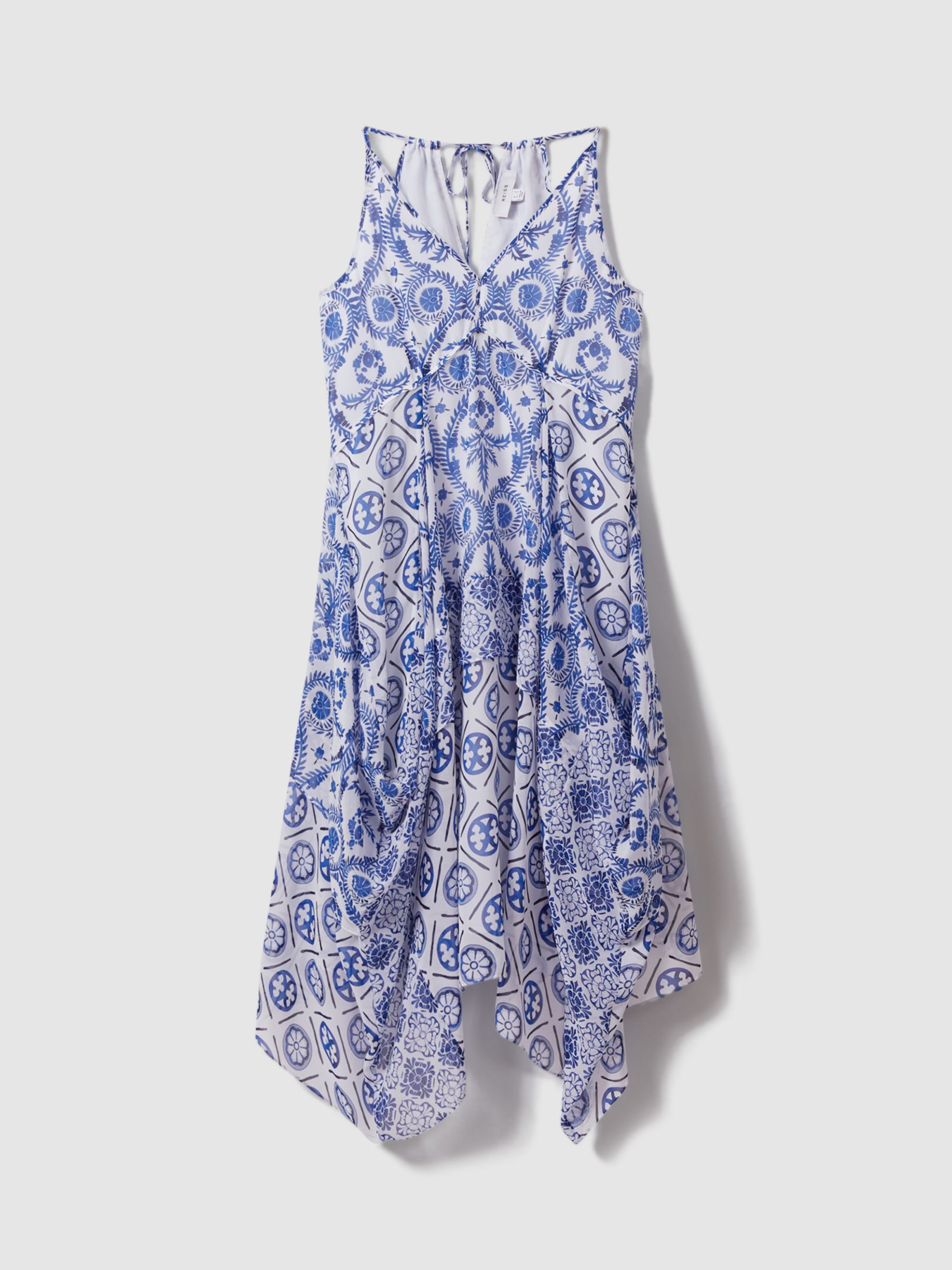 Reiss Tiller Tile Print Halterneck Midi Dress, Blue/White, 6
