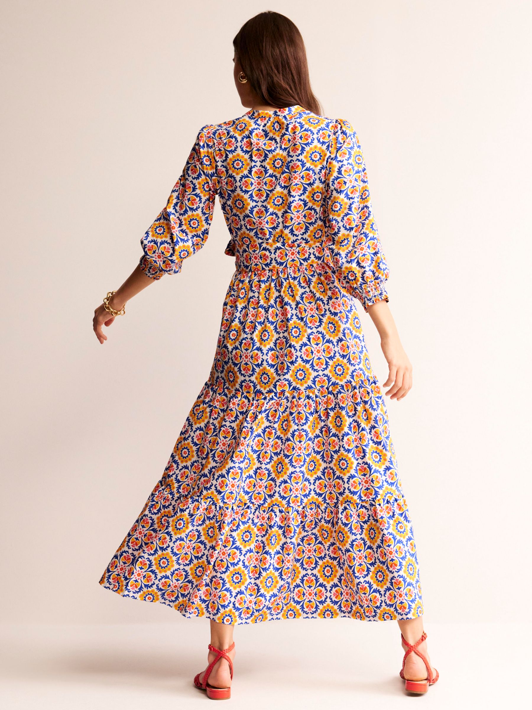 Boden Alba Mosaic Bloom Print Tiered Cotton Dress, Gold/Multi, 12