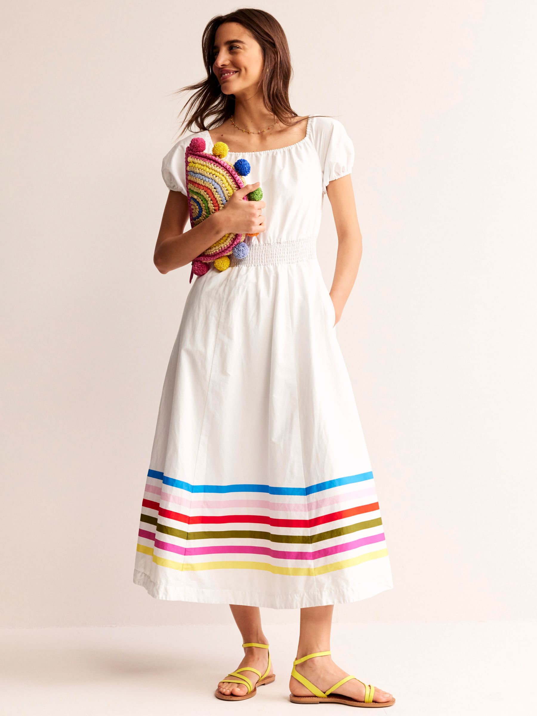 Boden Amber Cotton Stripe Hem Midi Dress, White/Multi, 14