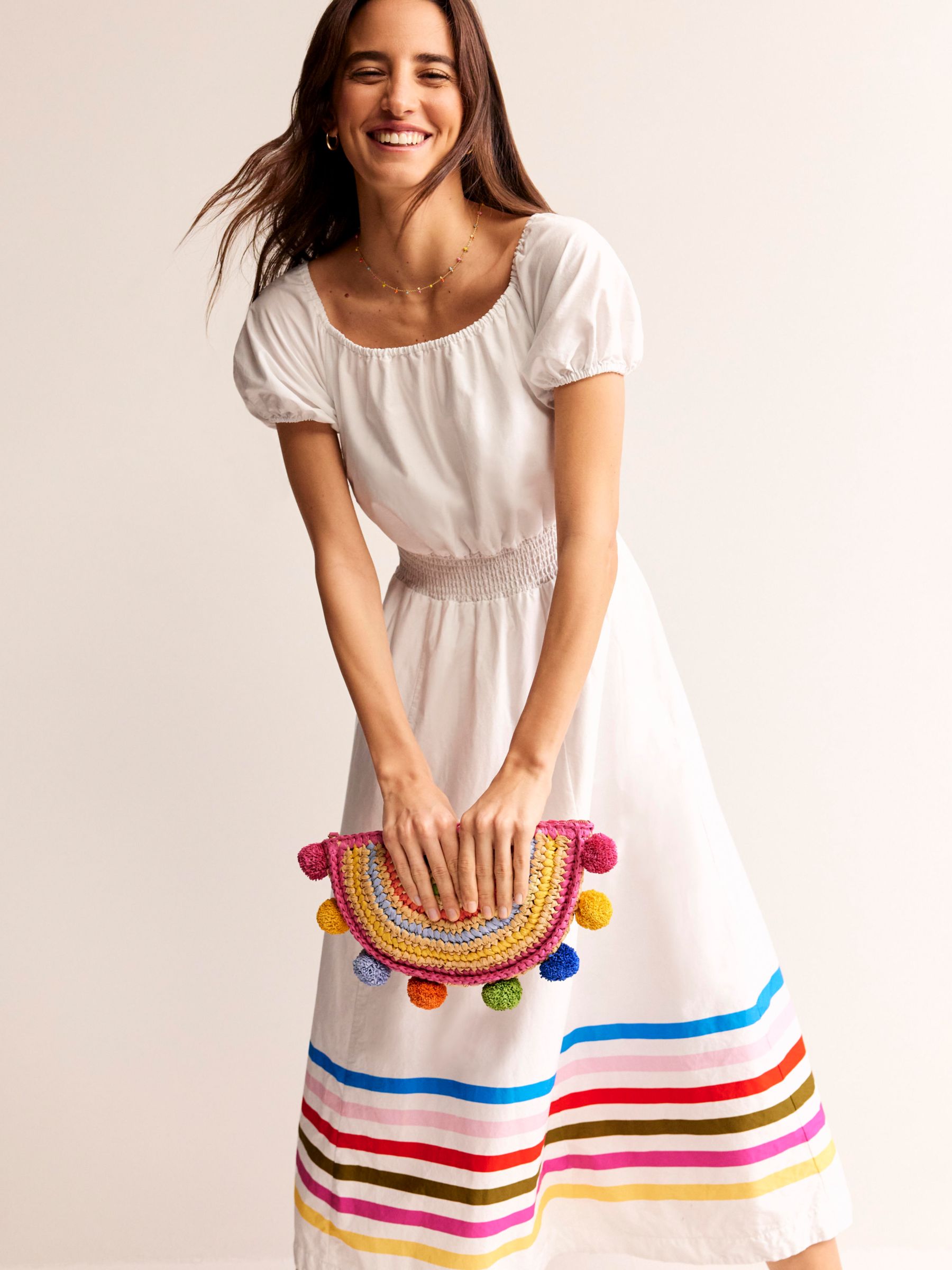 Boden Amber Cotton Stripe Hem Midi Dress, White/Multi, 14