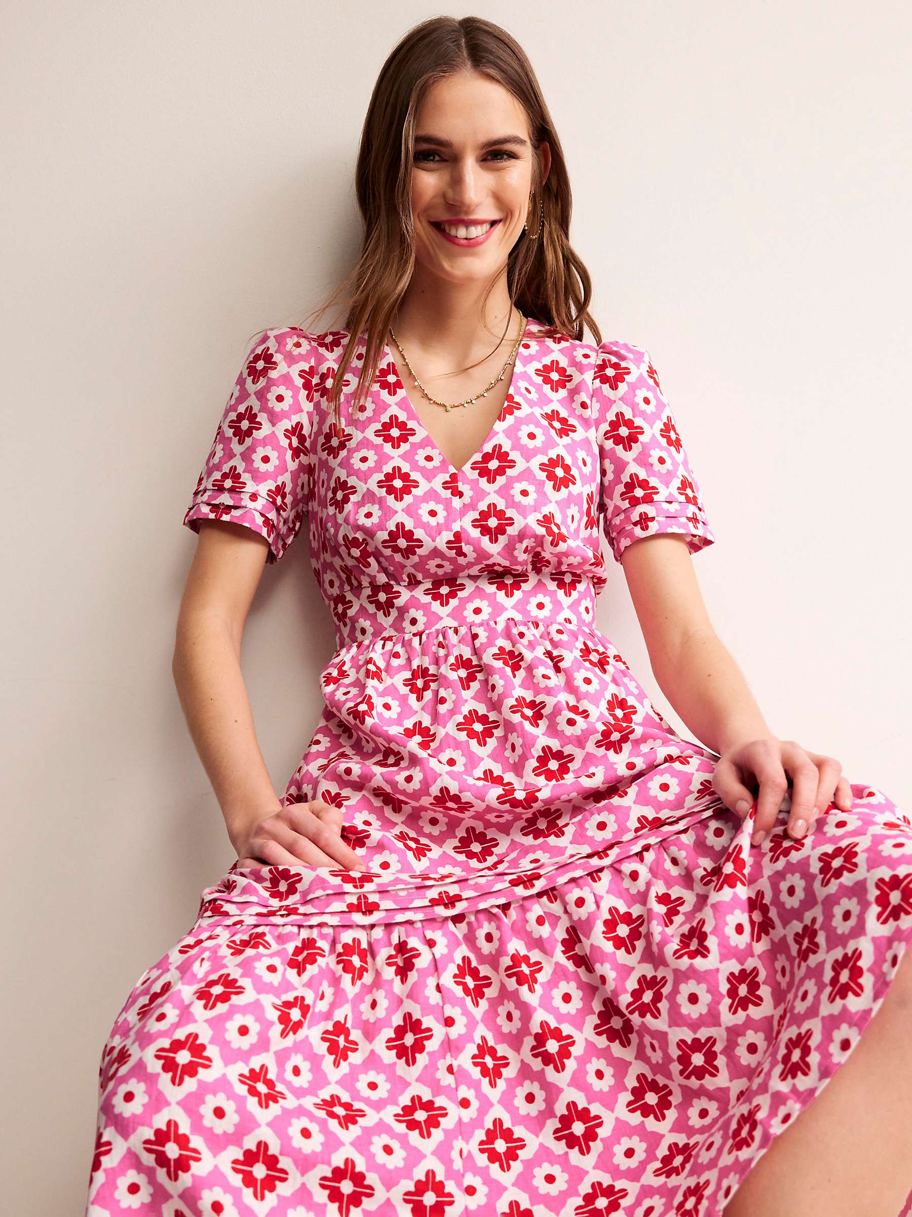 Buy Boden Eve Geometric Stamp Linen Midi Dress, Pink/Multi Online at johnlewis.com