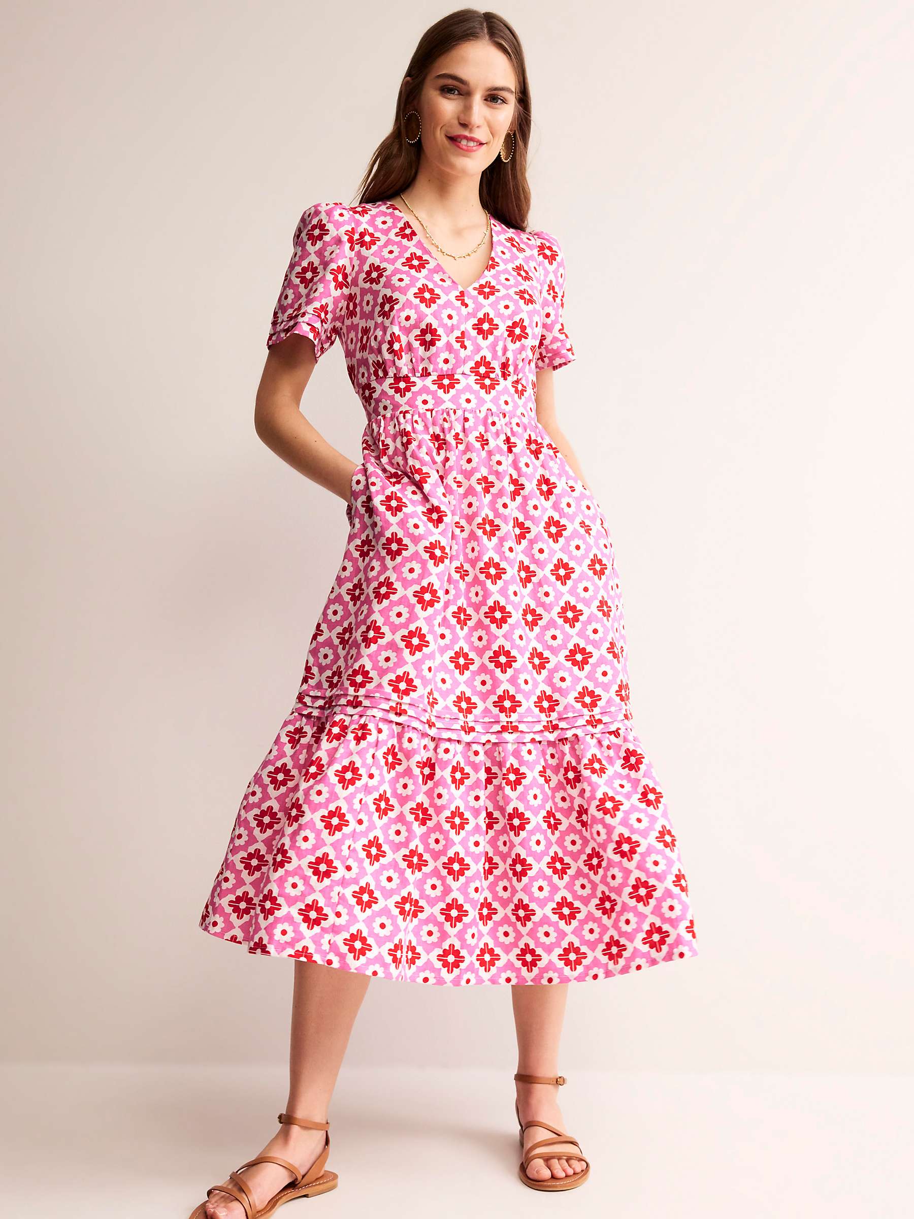 Buy Boden Eve Geometric Stamp Linen Midi Dress, Pink/Multi Online at johnlewis.com