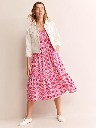 Boden Eve Geometric Stamp Linen Midi Dress, Pink/Multi