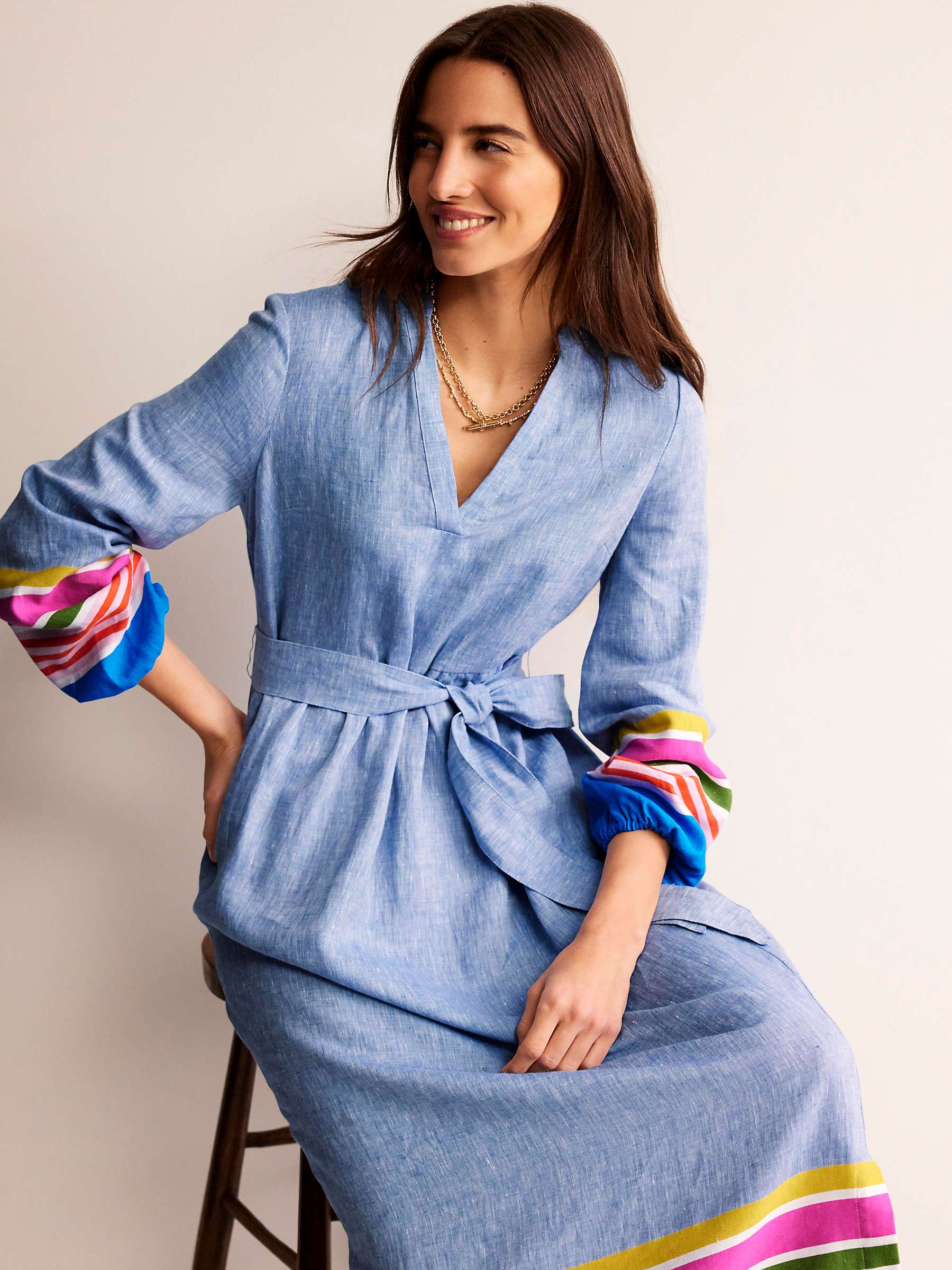 Buy Boden Linen Blend Notch Neck Maxi Dress, Blue/Multi Online at johnlewis.com