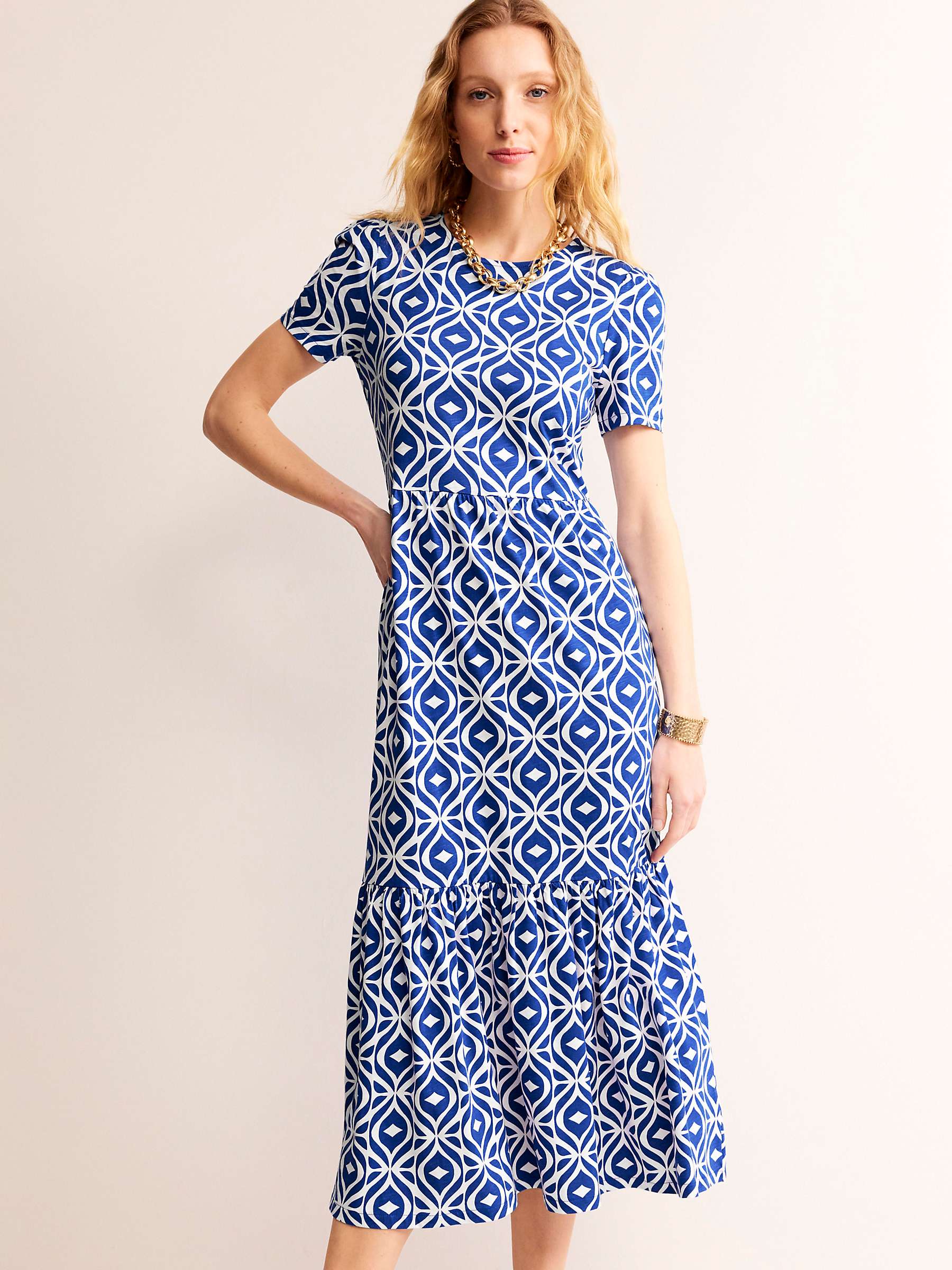 Buy Boden Emma Wave Print Tiered Midi Jersey Dress, Surf The Web Online at johnlewis.com