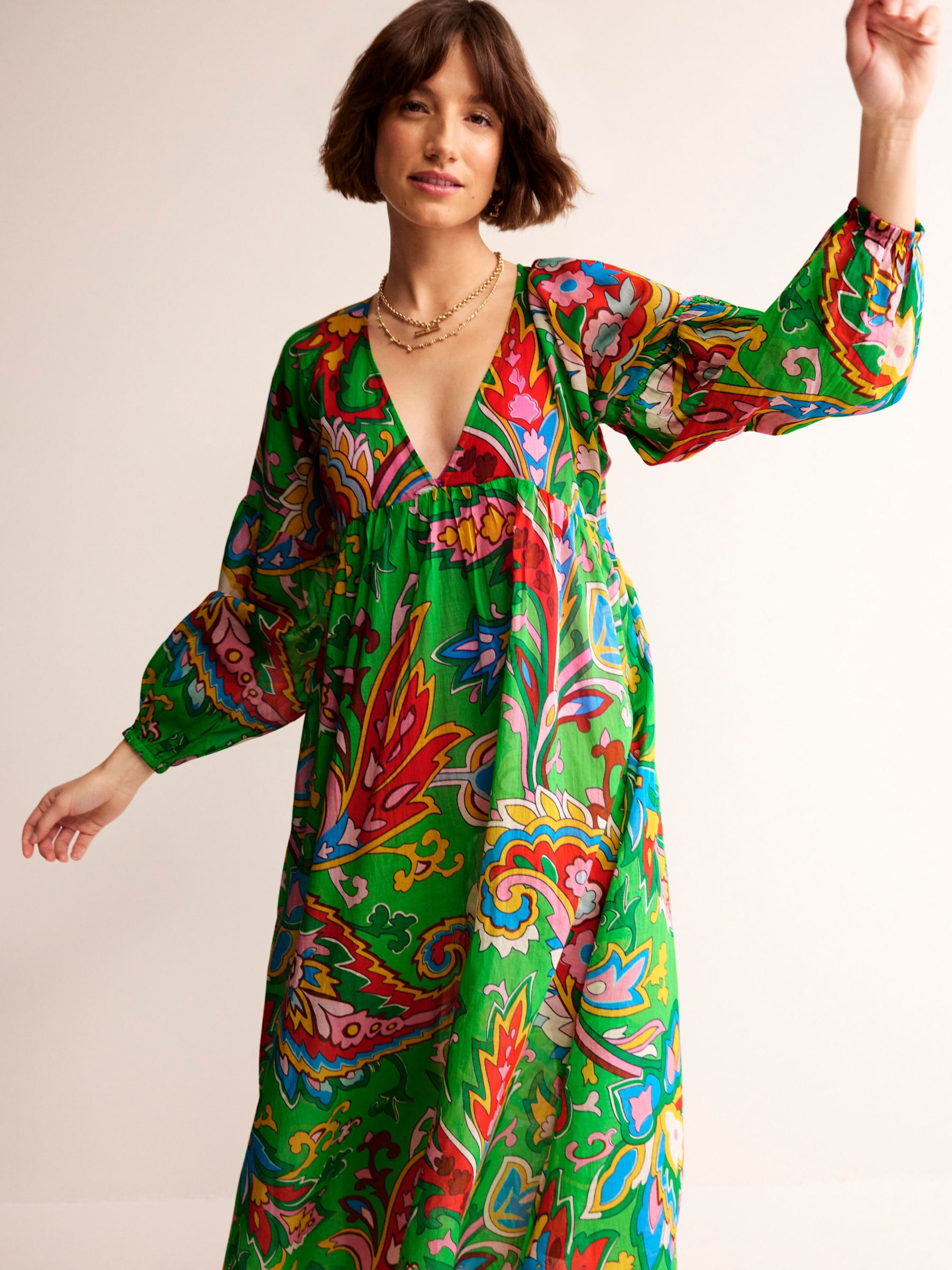 Boden Sarah Paisley Azure Maxi Kaftan Dress, Green/Multi, 12