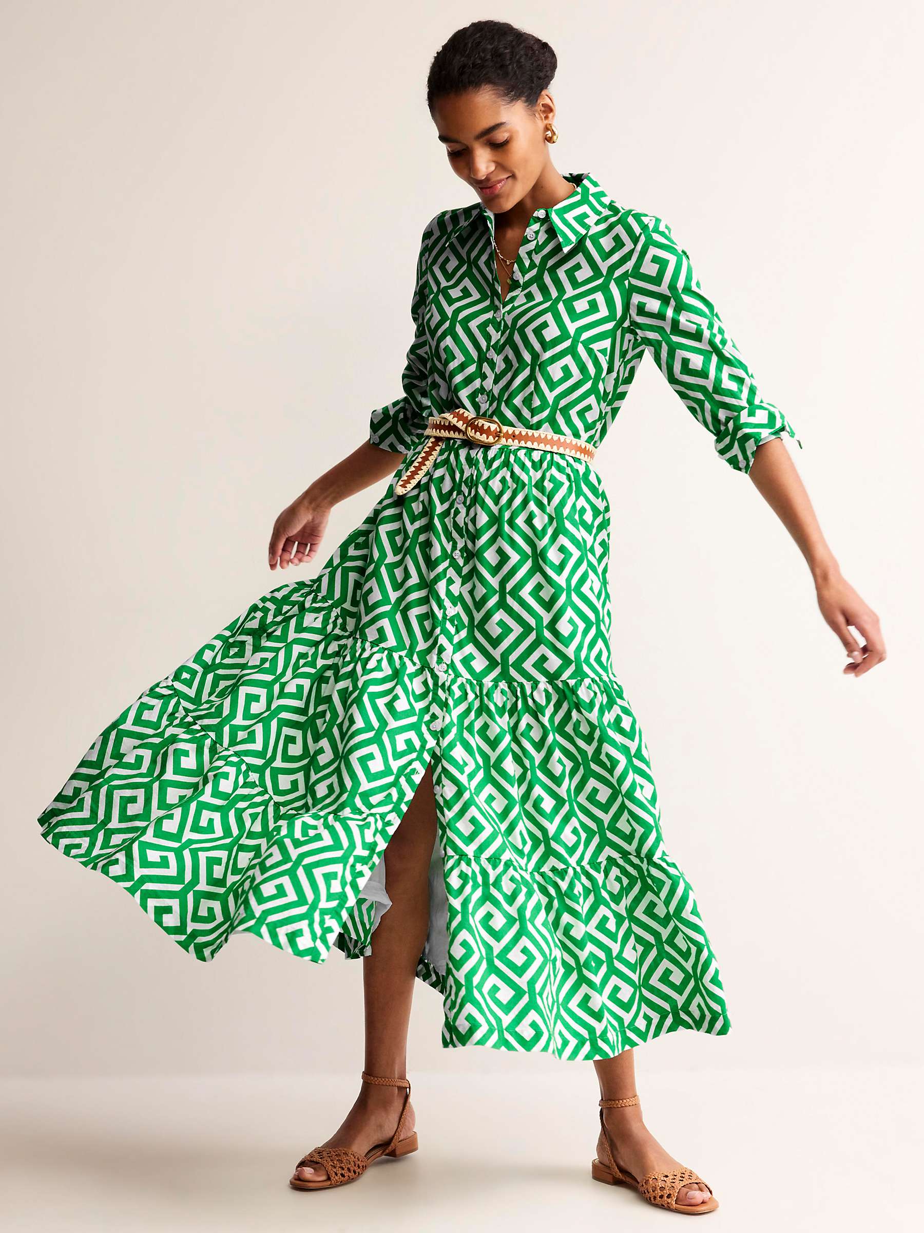 Buy Boden Flo Maze Print Tiered Maxi Shirt Dress, Green/White Online at johnlewis.com