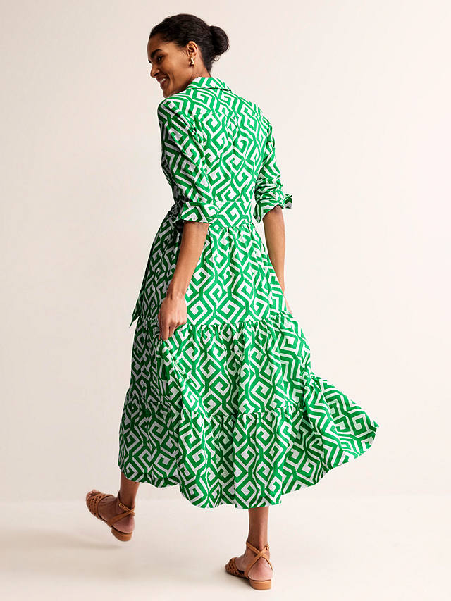 Boden Flo Maze Print Tiered Maxi Shirt Dress, Green/White