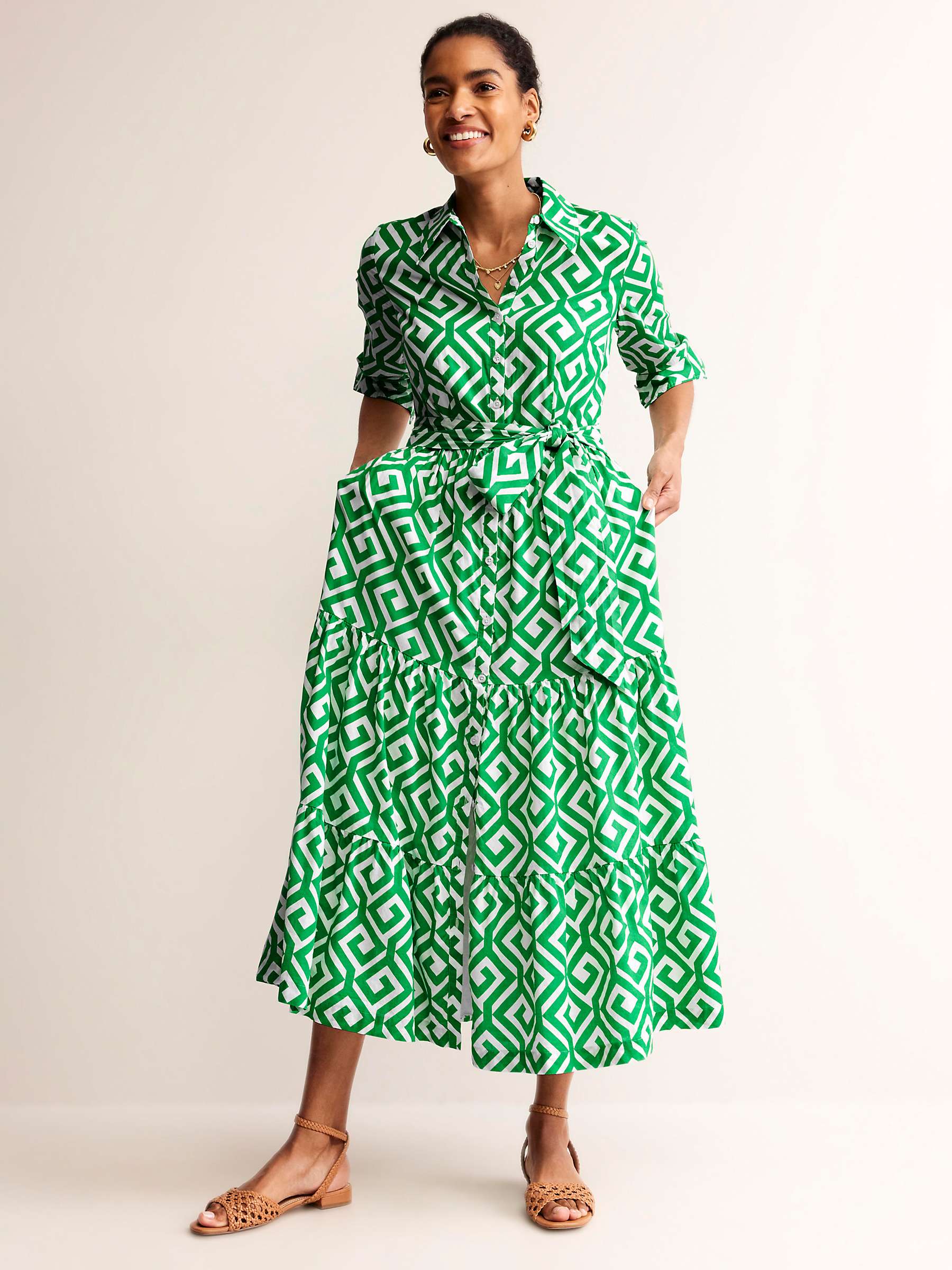 Buy Boden Flo Maze Print Tiered Maxi Shirt Dress, Green/White Online at johnlewis.com