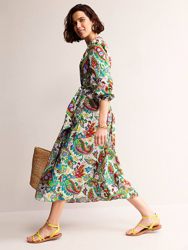 Boden Jen Paisley Print Cotton Midi Dress, Ivory/Multi