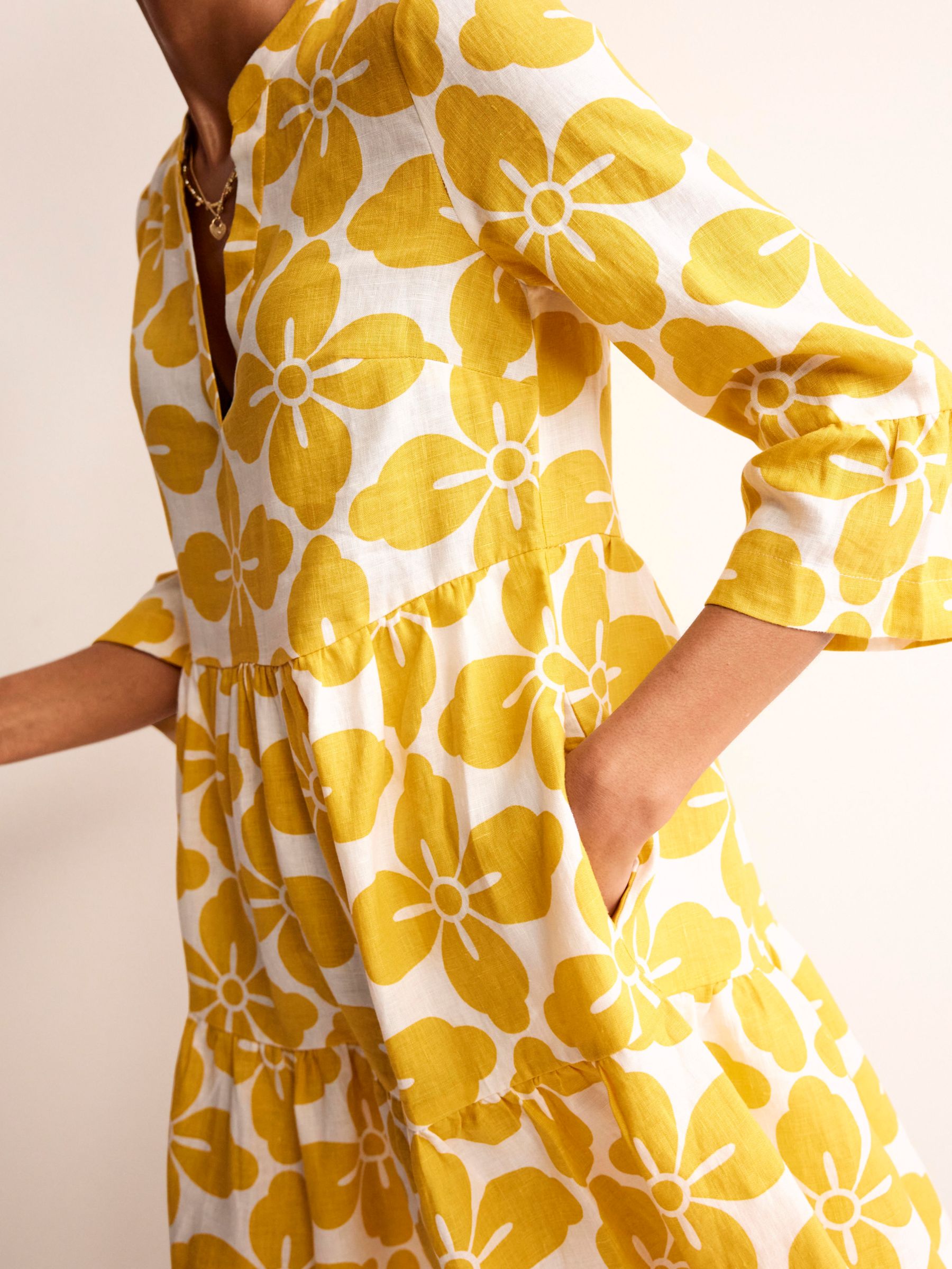 Boden Sophia Floral Tile Linen Shirt Dress, Yellow, 16