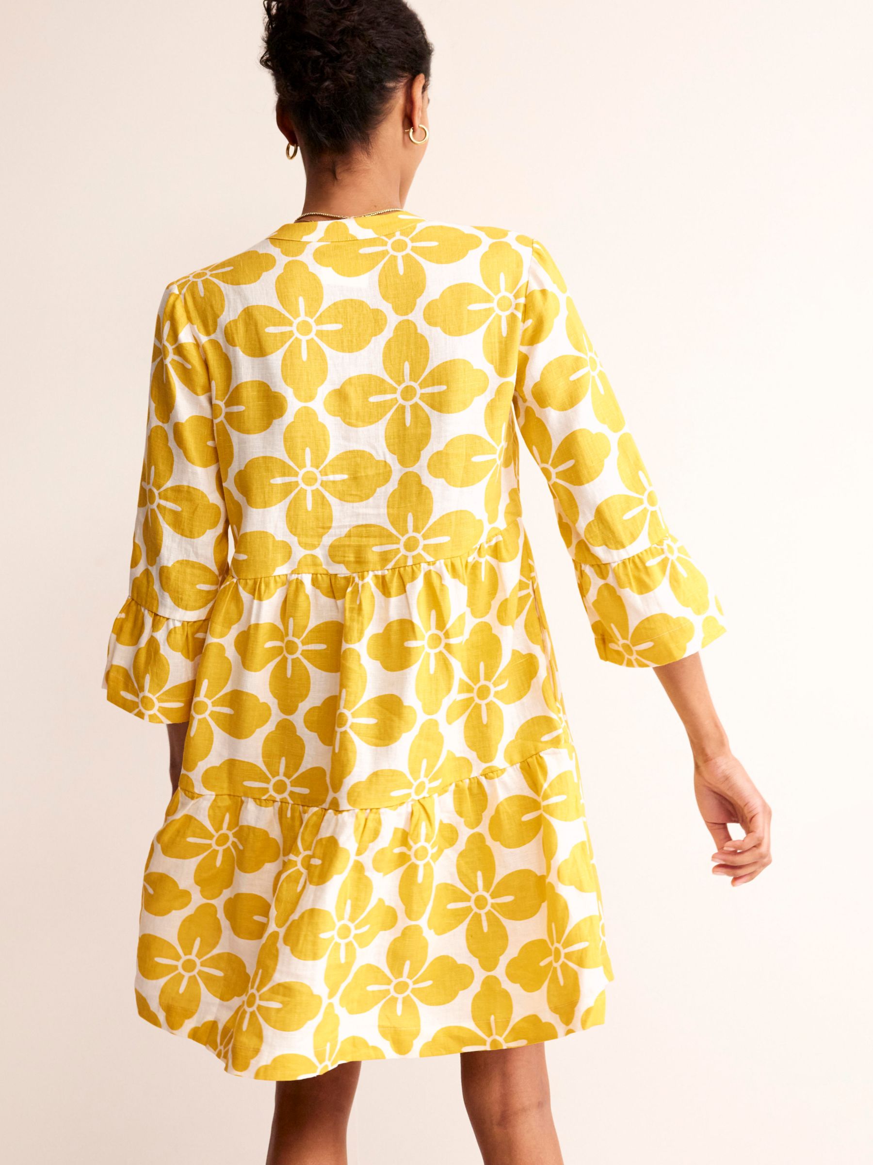 Boden Sophia Floral Tile Linen Shirt Dress, Yellow, 16
