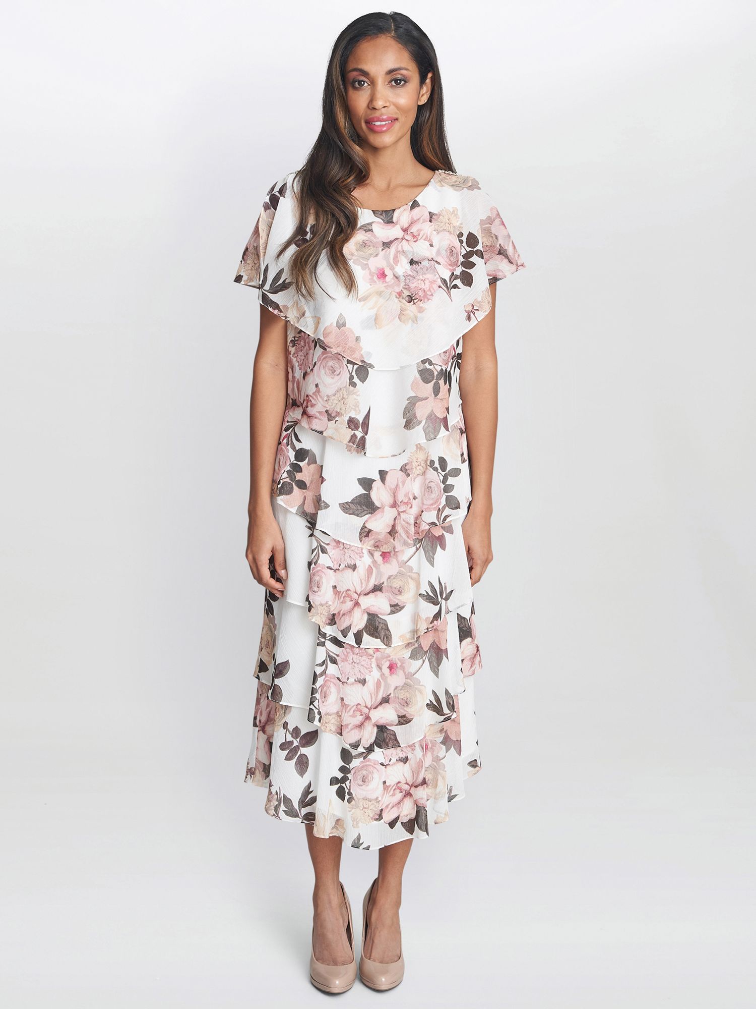 Gina Bacconi Alice Tiered Midi Dress, Ivory/Pink, 10