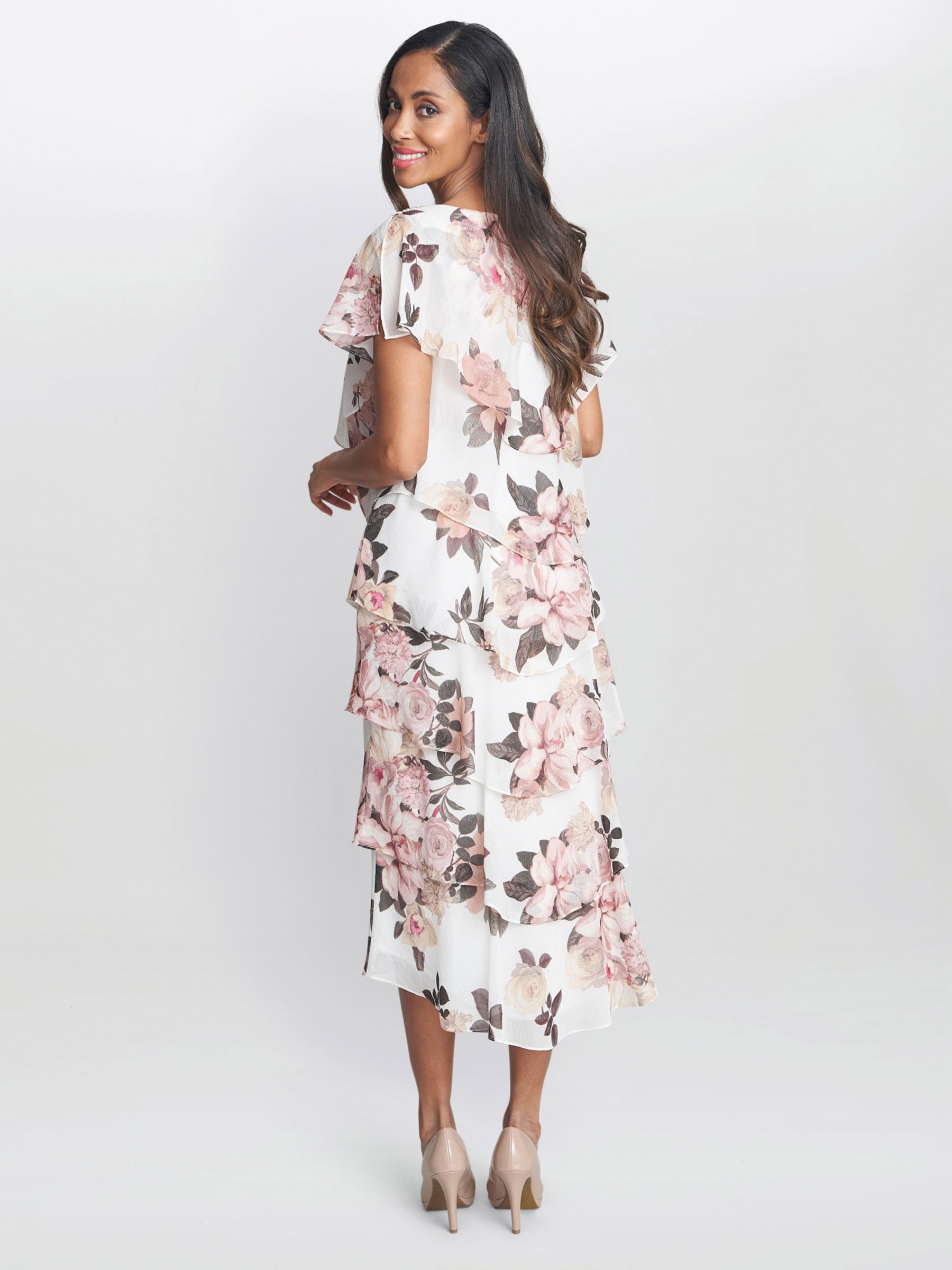 Gina Bacconi Alice Tiered Midi Dress, Ivory/Pink, 10