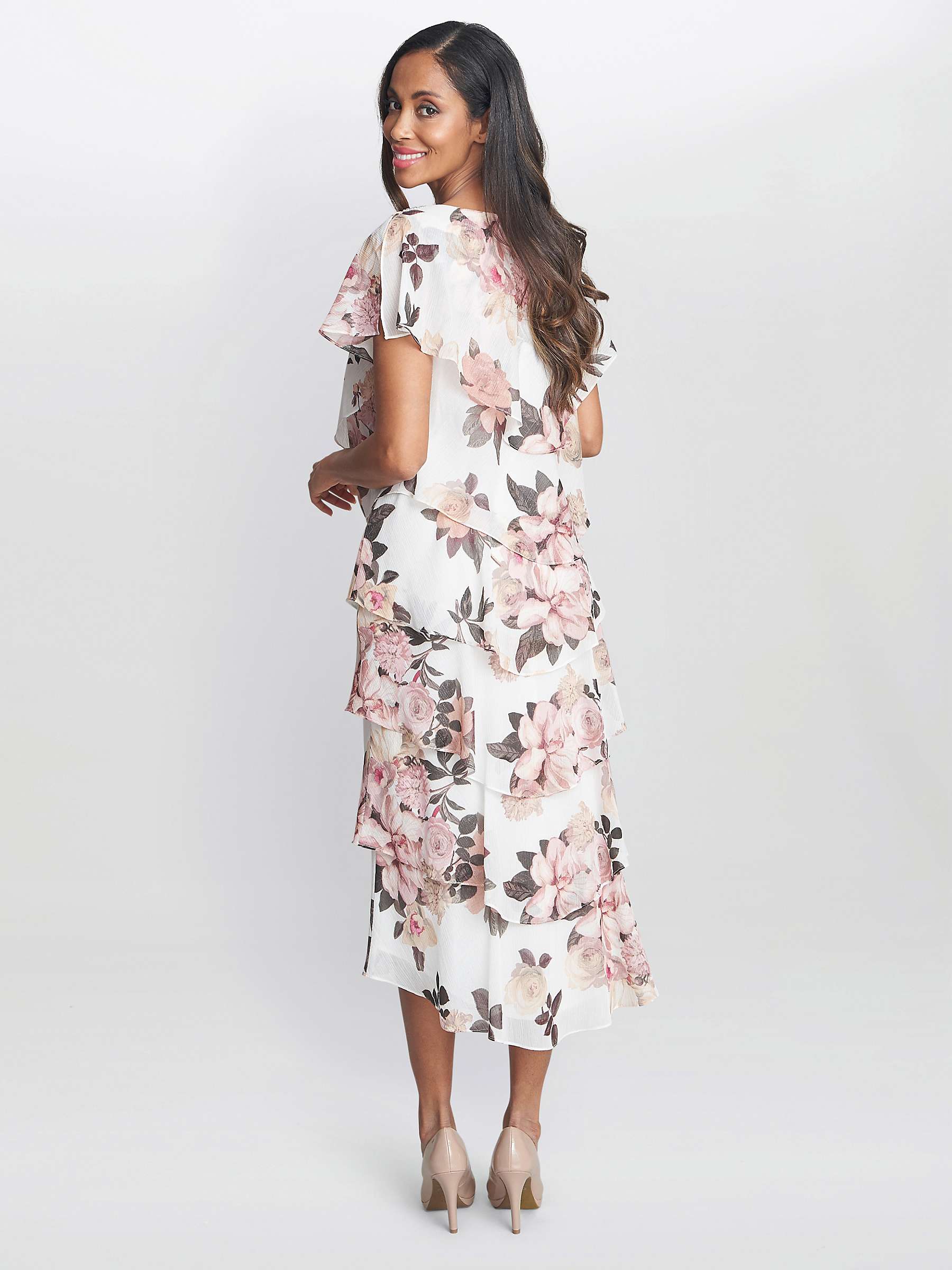 Buy Gina Bacconi Alice Tiered Midi Dress, Ivory/Pink Online at johnlewis.com