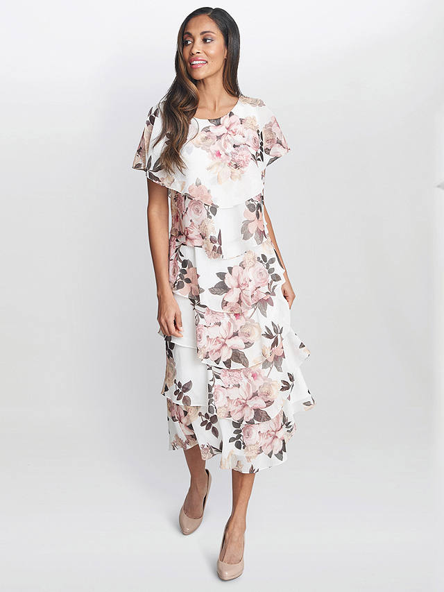 Gina Bacconi Alice Tiered Midi Dress, Ivory/Pink