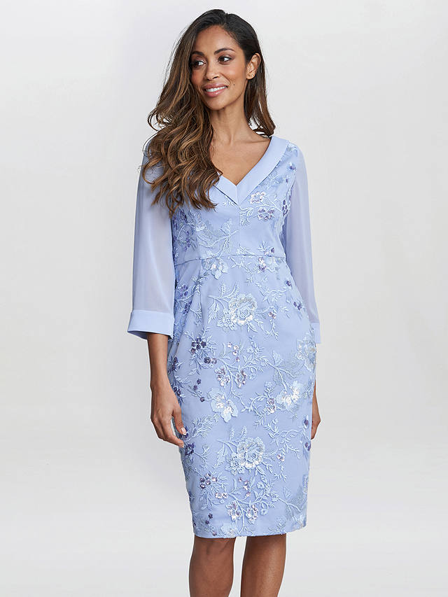 Gina Bacconi Daisy Embroidered Crepe Dress, Nordic Blue