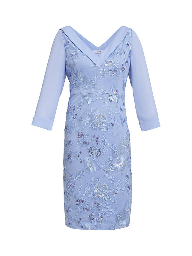 Gina Bacconi Daisy Embroidered Crepe Dress, Nordic Blue