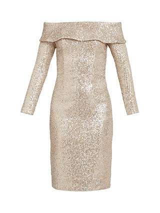 Gina Bacconi Anthea Off The Shoulder Sequin Knee Length Dress, Taupe
